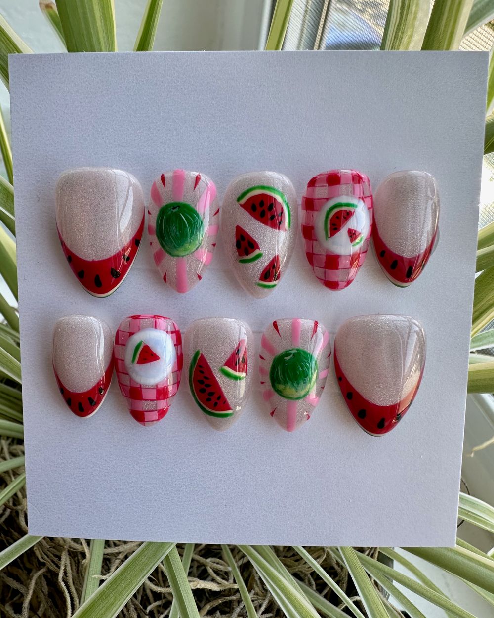 Rind & Shine | Short Watermelon Press-On Nails with Gingham + Glitter | Medium